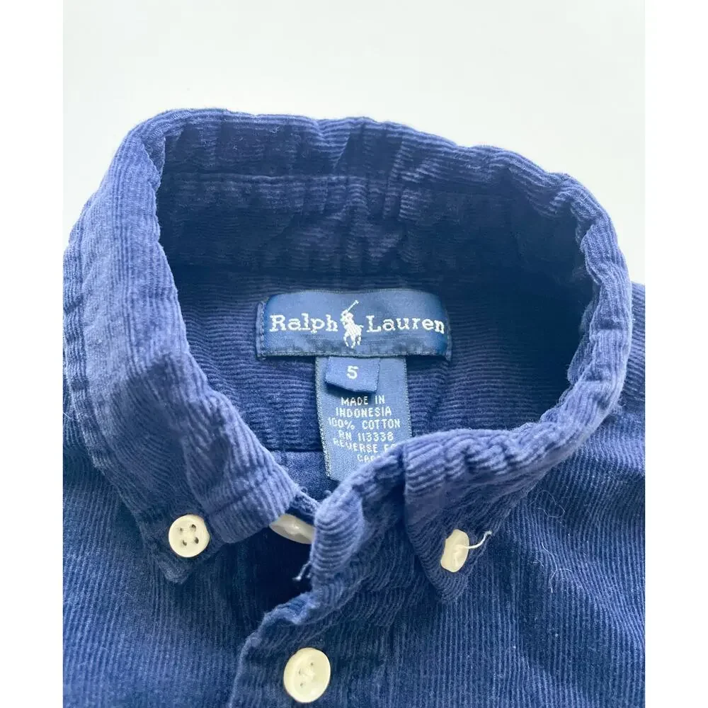 Boy's Ralph Lauren Navy Blue Corduroy Long Sleeve Button Down Size 5